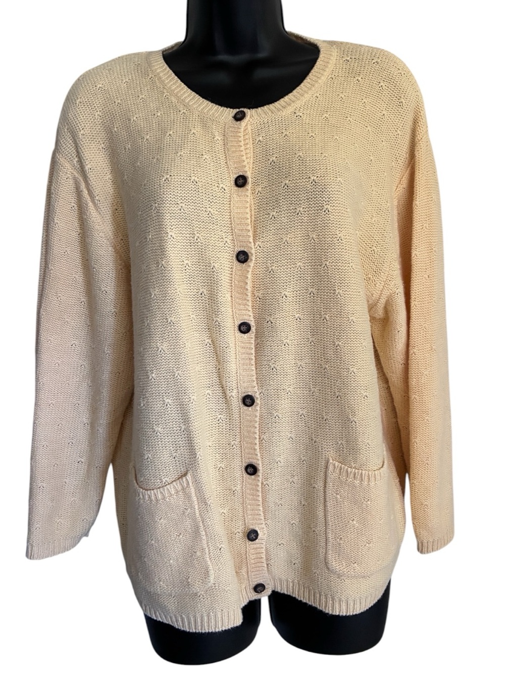 Vintage 90s Butter Mom Cottgecore Pastel Yellow Button-Front Knit Cardigan Sz XL